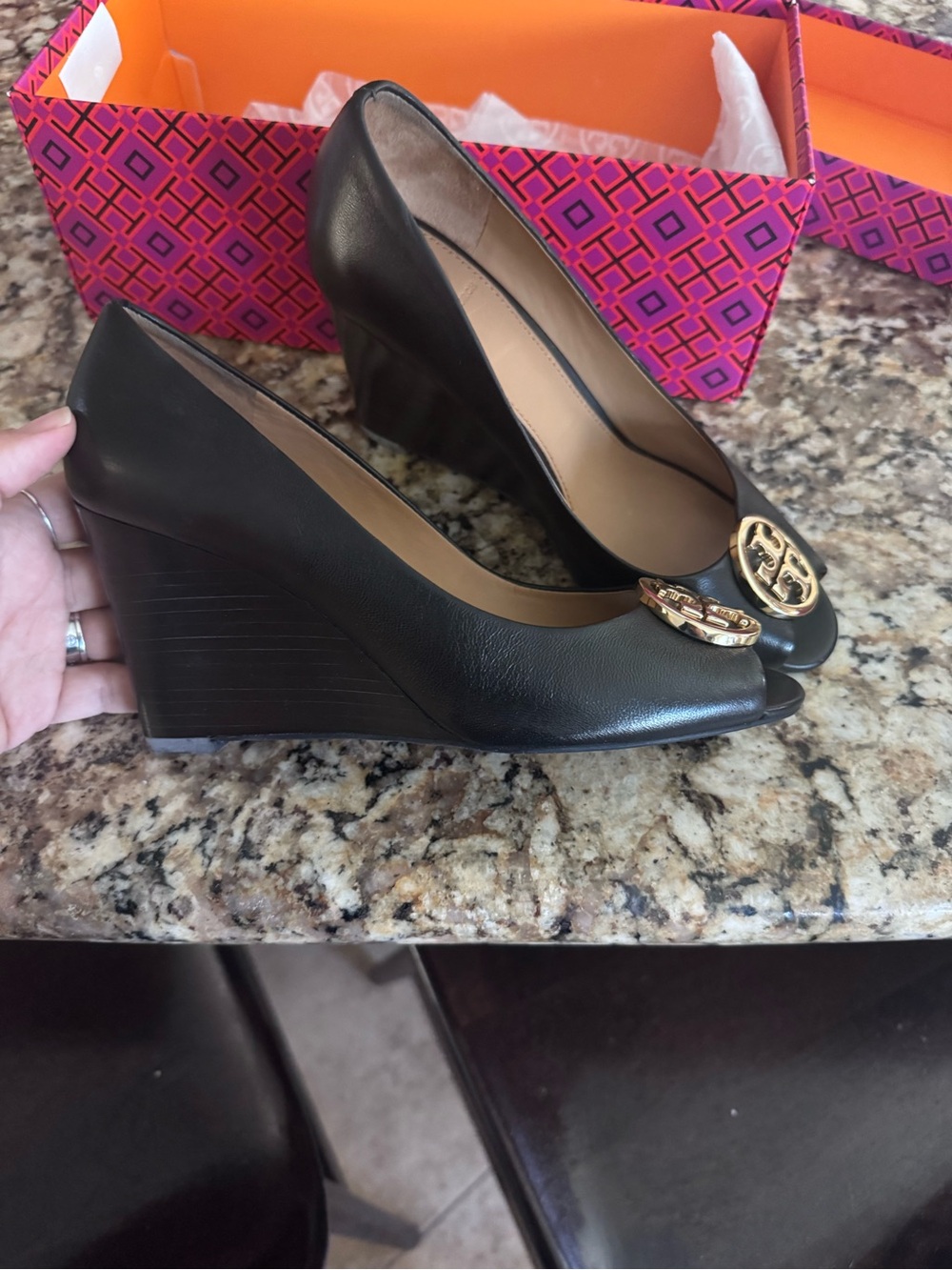Tory Burch Black Peep-Toe wedges with Gold Logo size 7 - Picture 2 of 3